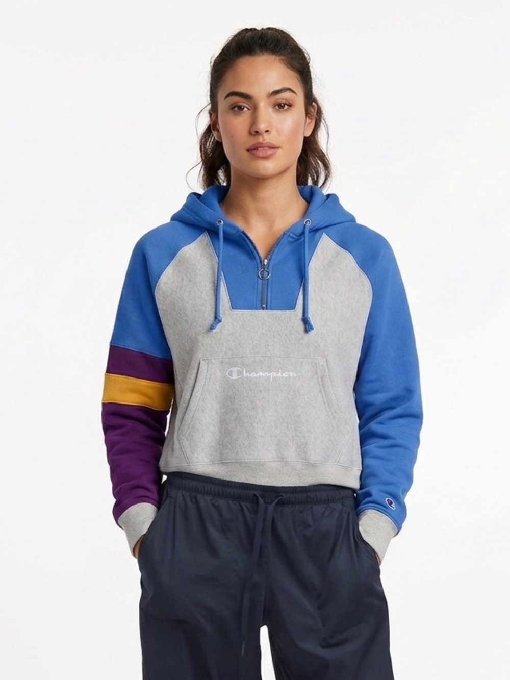 CHAMPION | REVERSE WEAVE COLOR BLOCK 1/2 ZIP CROPPED HOODIE